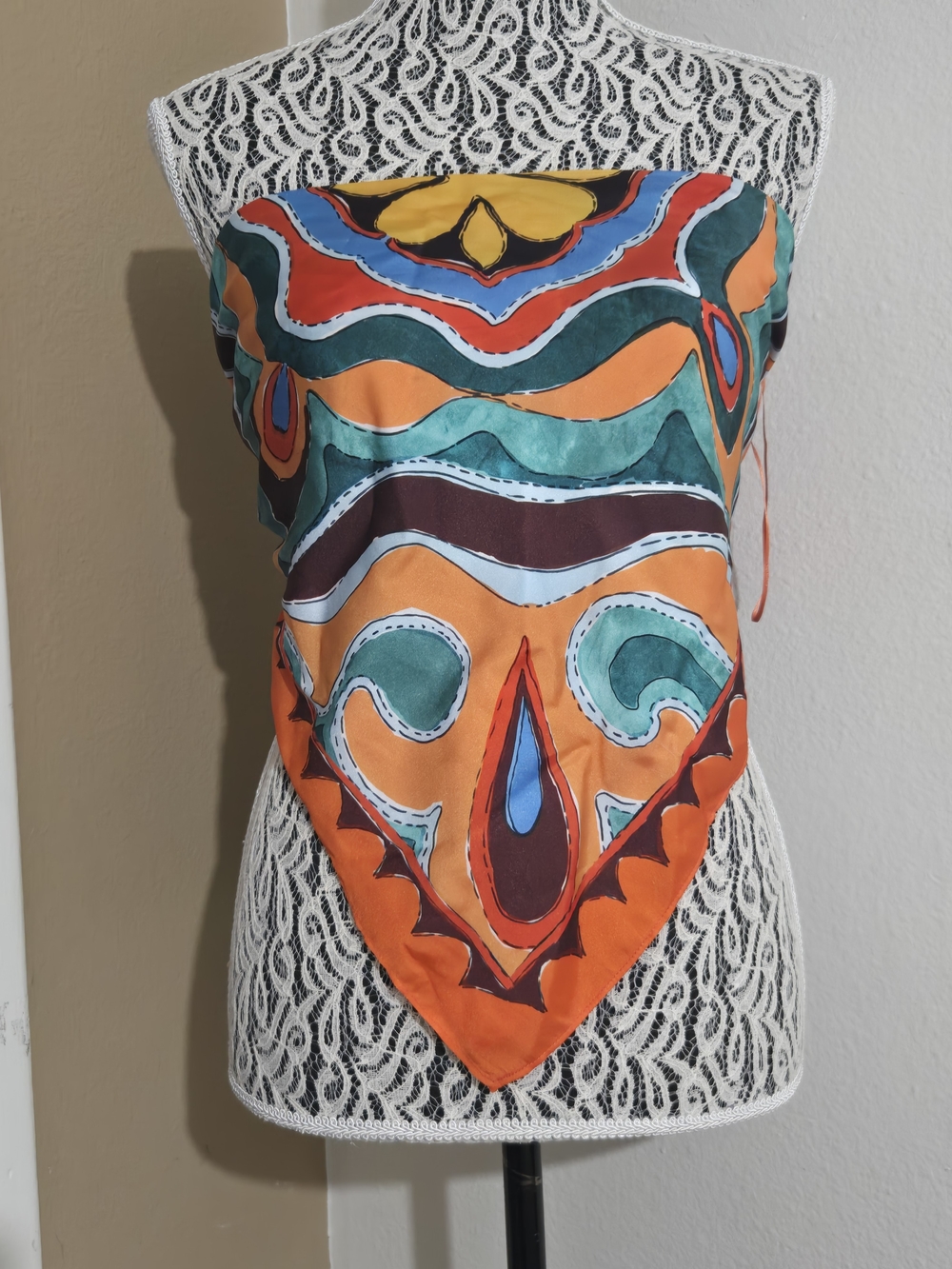 Zara Orange Teal Multicolor Silk Bandana Top